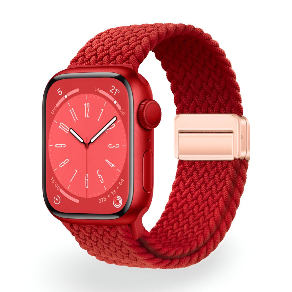 Bracelet Apple Watch nylon rouge tressé avec boucle en acier rose doré, taille 38-42 mm.