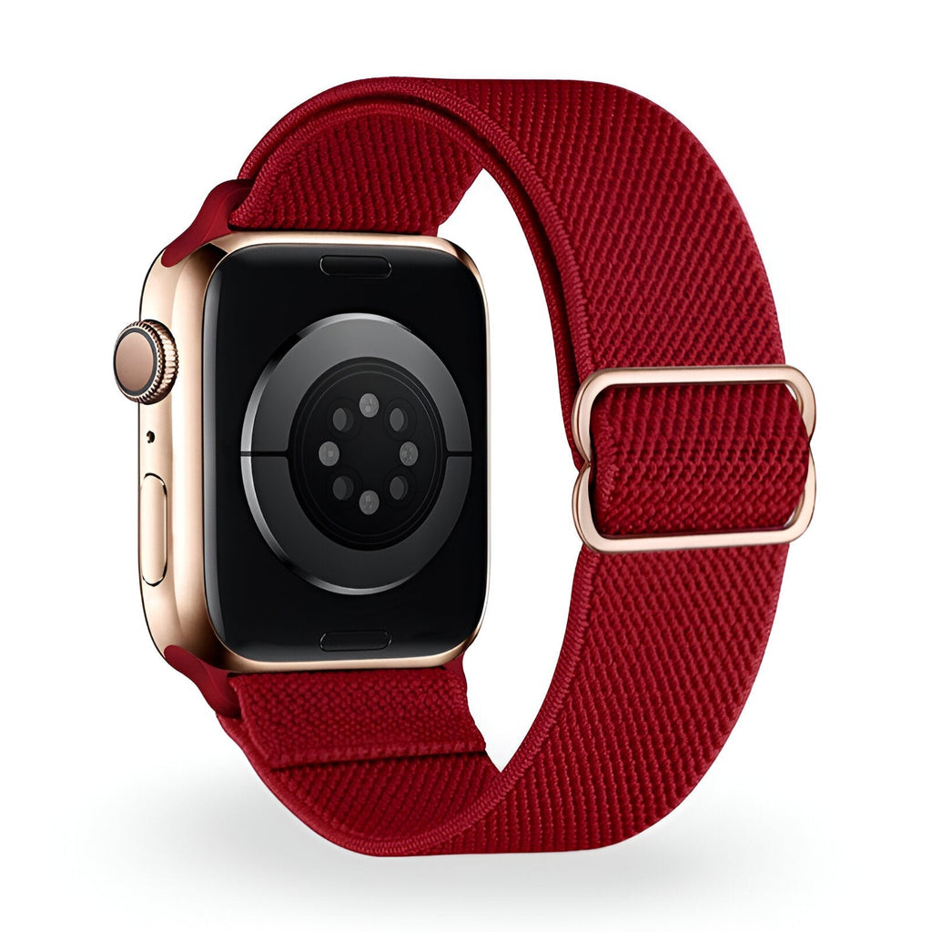 Bracelet nylon rouge pour Apple Watch avec boucle métallique dorée, modèle Zyra, taille 38-42 mm.