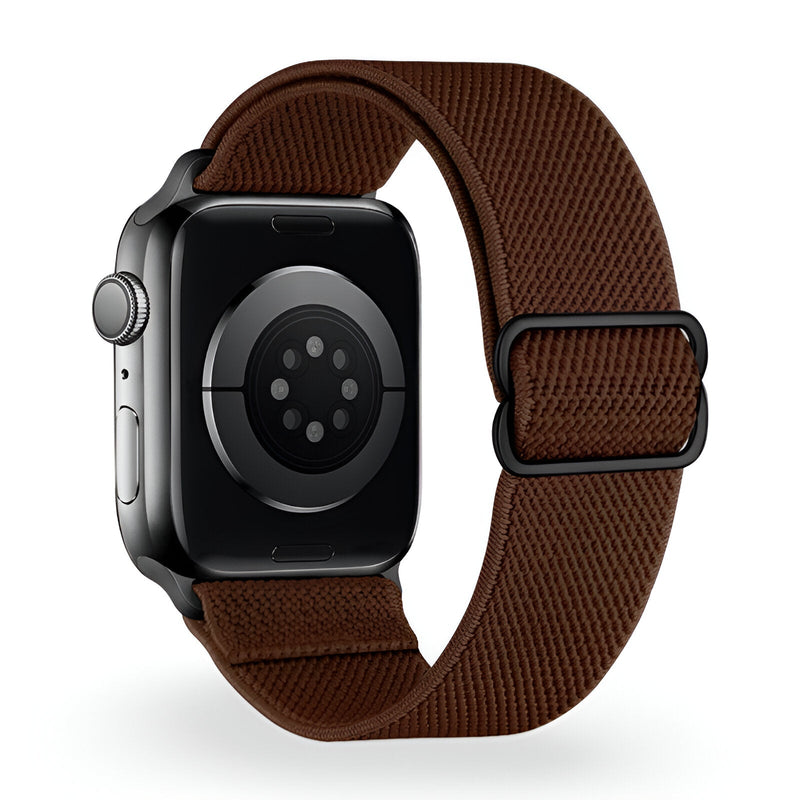 Bracelet Apple Watch en nylon marron, boucle noire, modèle Zyra, taille 38-42 mm.