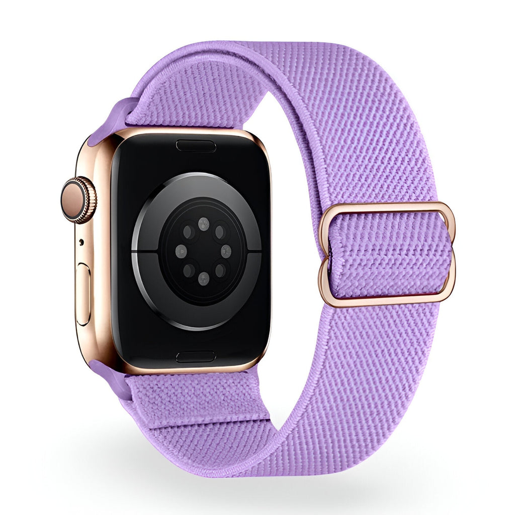 Bracelet Apple Watch en nylon lavande, boucle rose doré, taille ajustable.