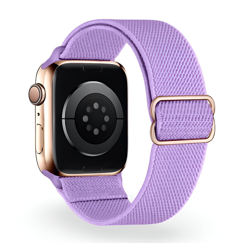 Bracelet Apple Watch en nylon lavande, boucle rose doré, taille ajustable.