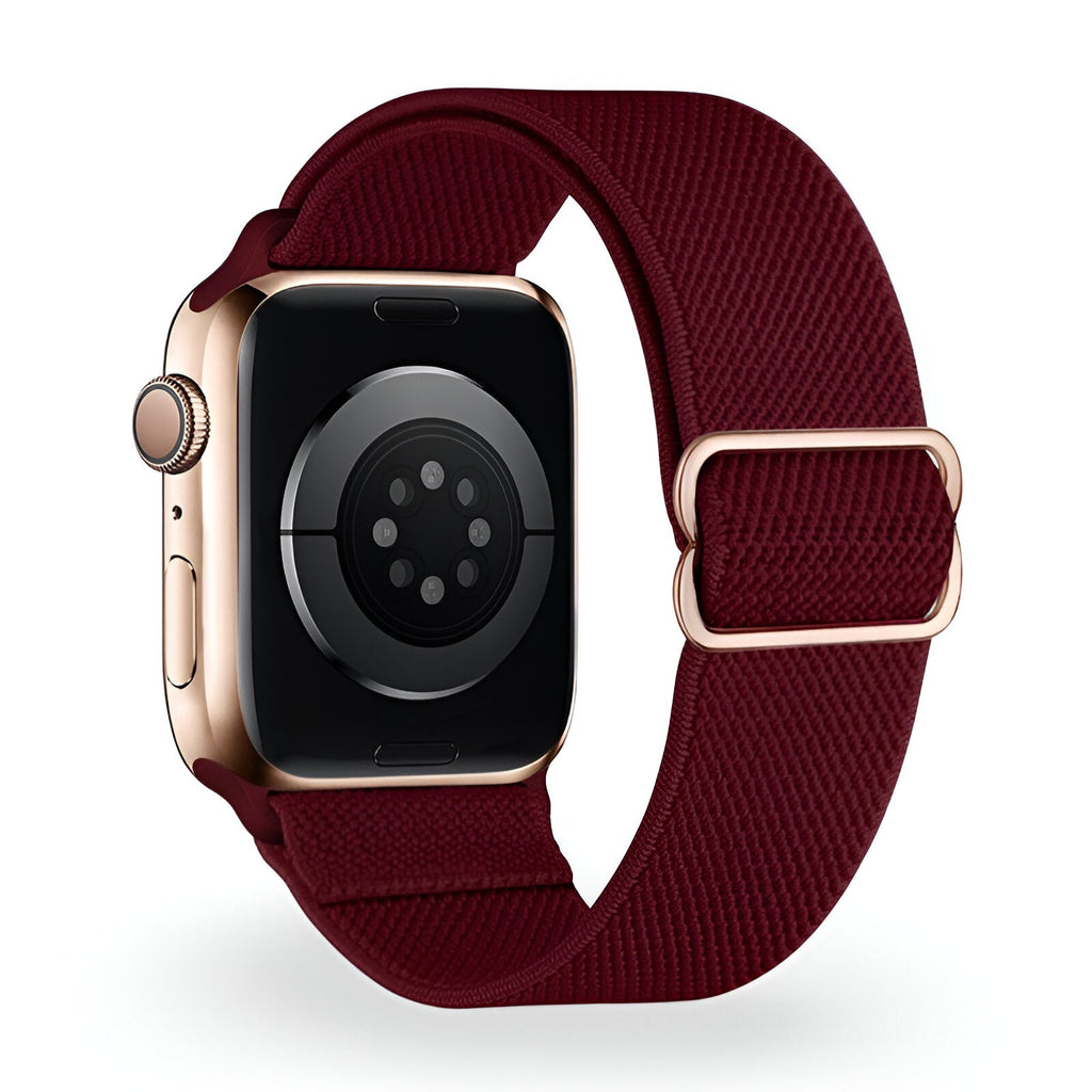 Bracelet Apple Watch Zyra en nylon bordeaux, boucle dorée, taille 38 à 42 mm.