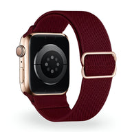 Bracelet Apple Watch Zyra en nylon bordeaux, boucle dorée, taille 38 à 42 mm.