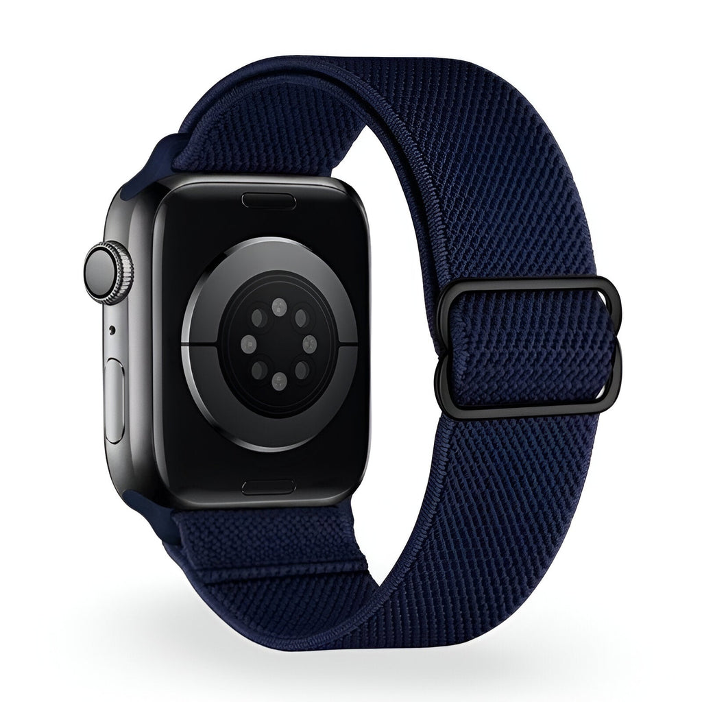 Bracelet Apple Watch en nylon bleu marine, boucle noire ajustable, modèle Zyra.
