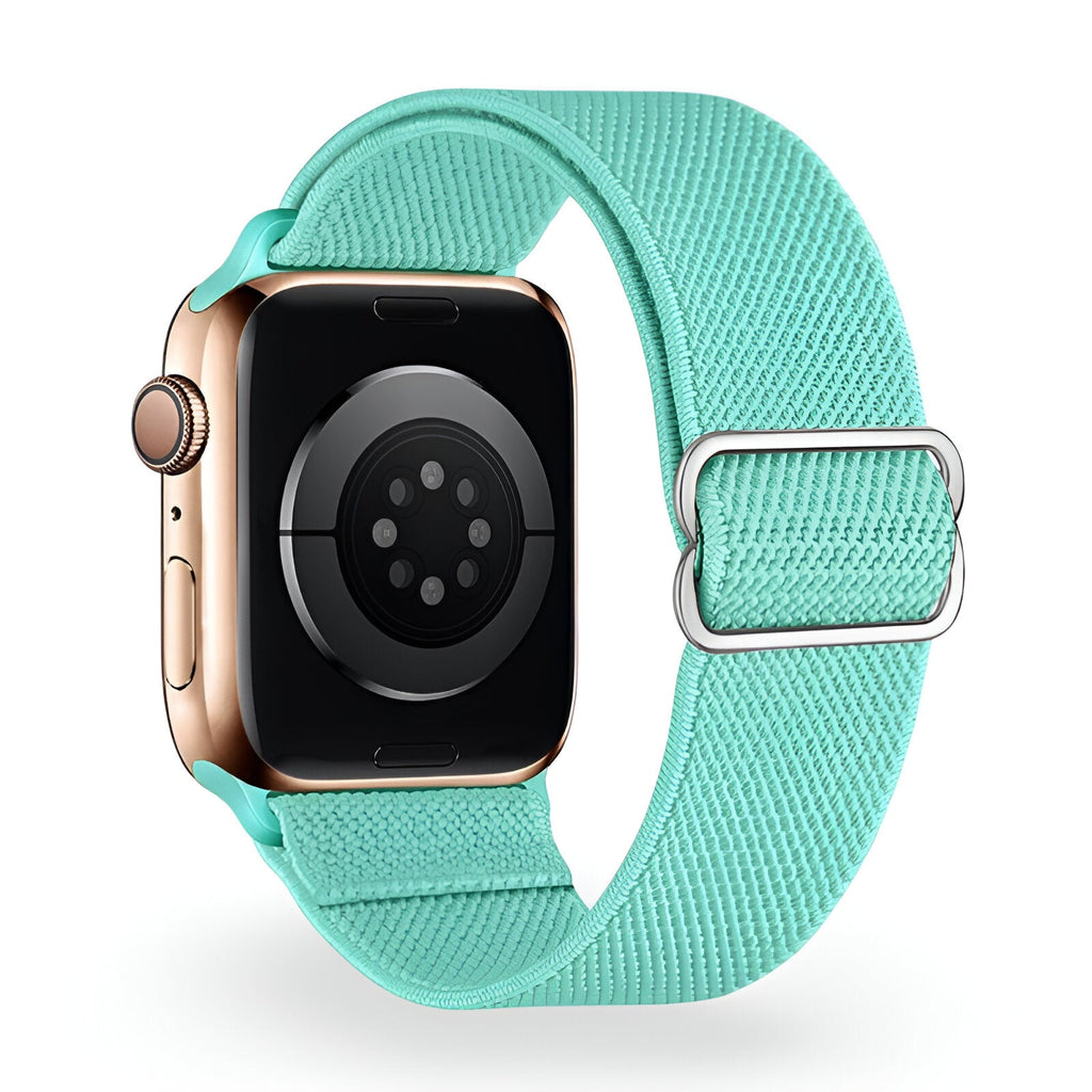 Bracelet Apple Watch nylon turquoise modèle Zyra, boucle métallique argentée.