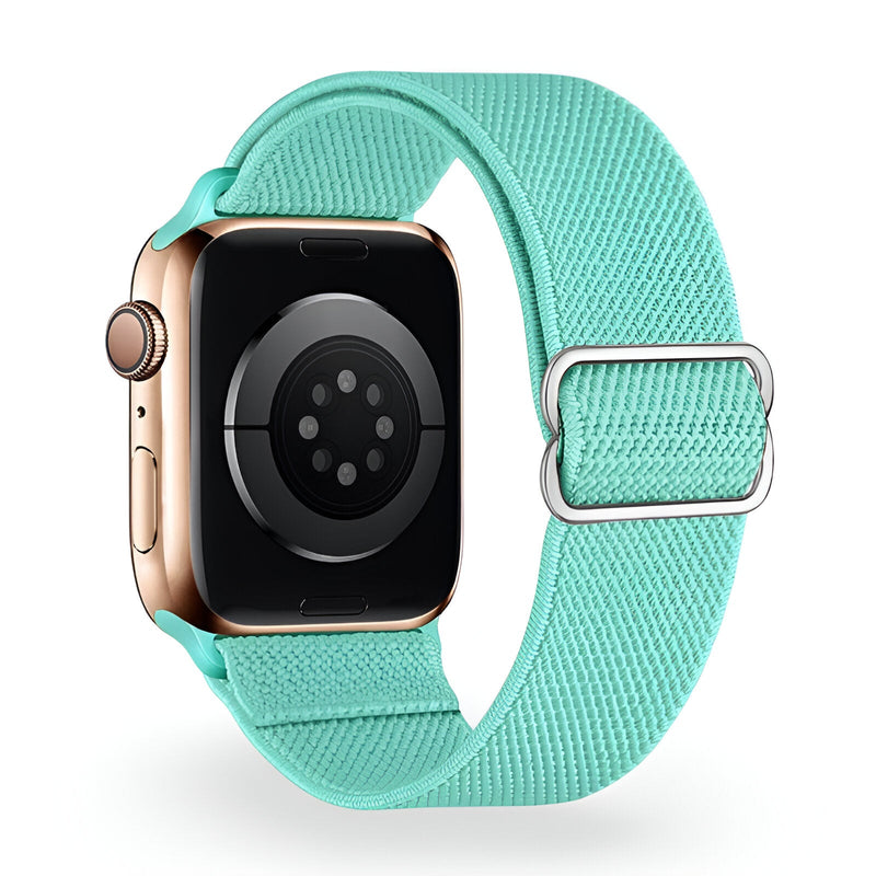 Bracelet Apple Watch nylon turquoise modèle Zyra, boucle métallique argentée.