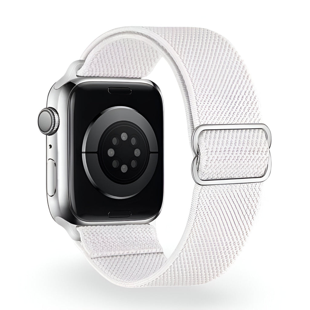 Bracelet Apple Watch en nylon blanc tressé, modèle Zyra, boucle argentée, taille 38-42 mm.