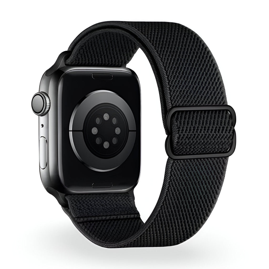 Bracelet Apple Watch noir en nylon tissé avec boucle ajustable modèle Zyra.