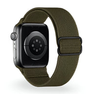 Bracelet Apple Watch en nylon vert olive, modèle Zyra, boucle noire ajustable, taille 38-42 mm.