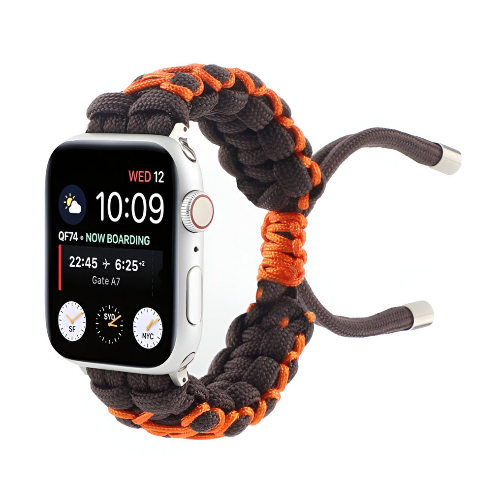 Bracelet Apple Watch en nylon noir et orange tressé avec fermeture ajustable, compatible 38-42 mm.
