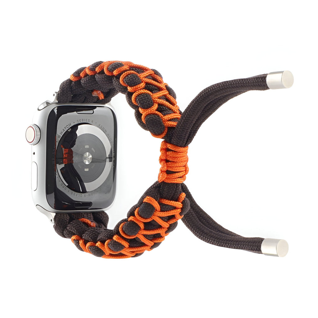 Bracelet Apple Watch en nylon noir et orange avec boucle tressée style Radan, fermeture ajustable.