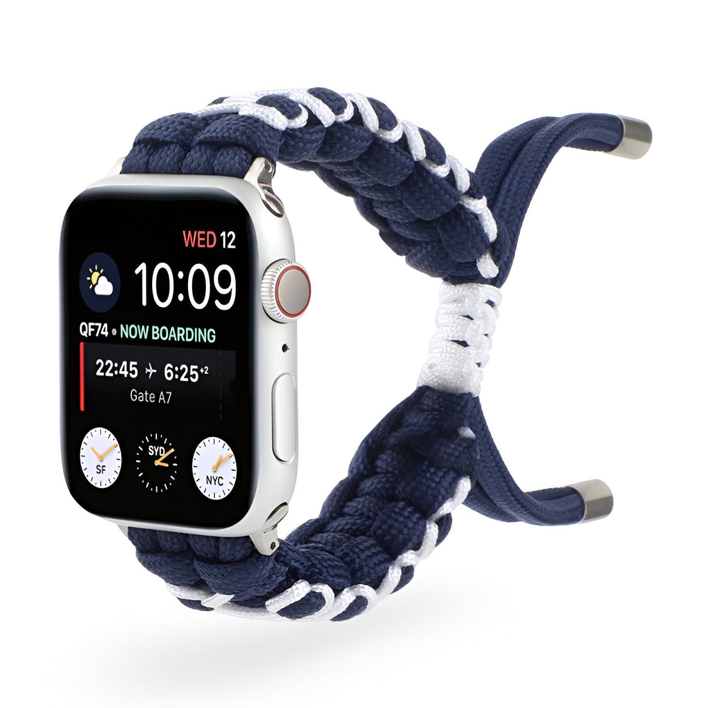 Bracelet Apple Watch en nylon tressé bleu marine avec détails blancs, modèle Radan.