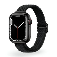 Bracelet Apple Watch en nylon tressé noir pour femme, taille ajustable 38 à 42 mm.