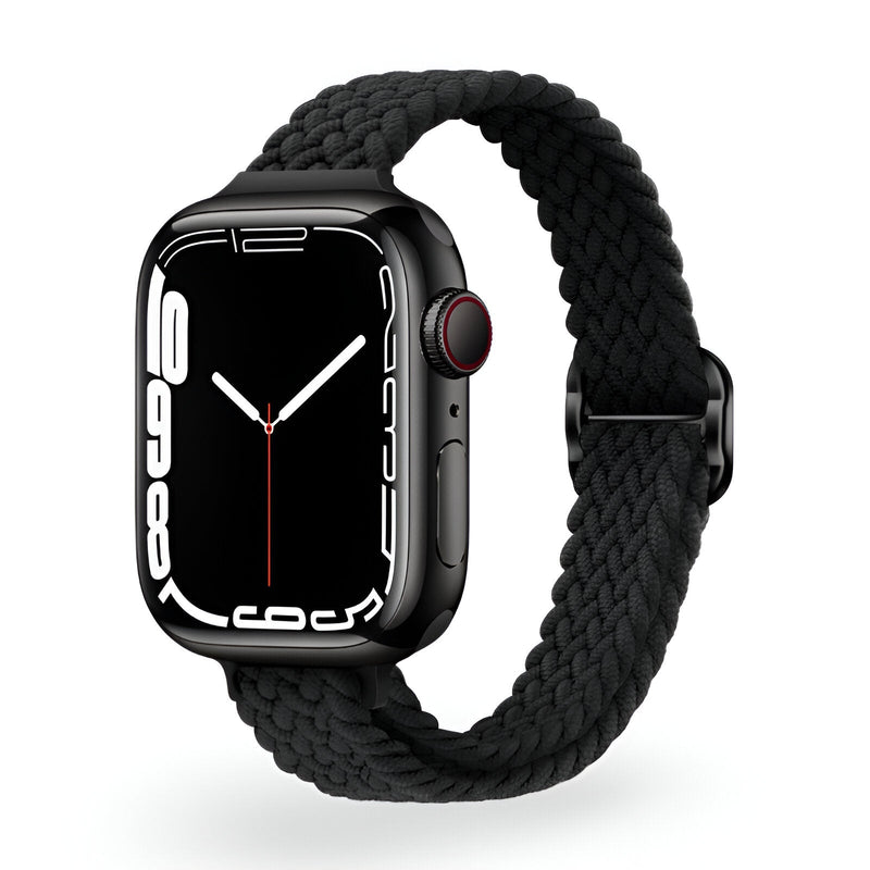 Bracelet Apple Watch en nylon tressé noir pour femme, taille ajustable 38 à 42 mm.