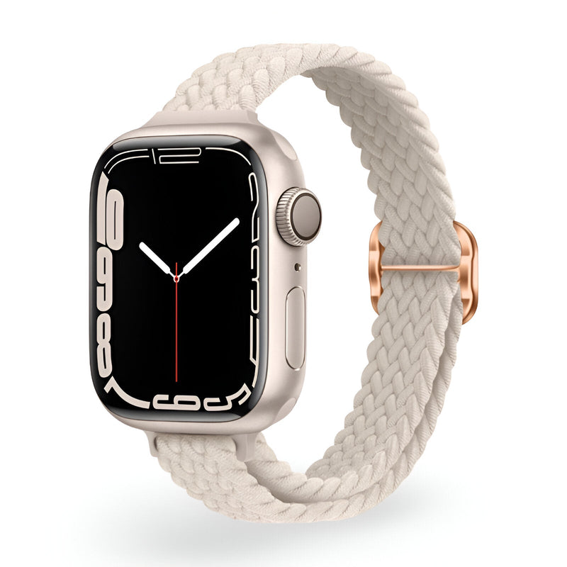 Bracelet Apple Watch en nylon beige clair tressé avec boucle en métal doré rose.