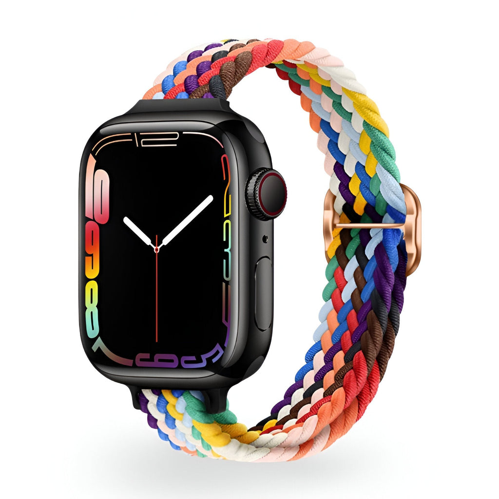 Bracelet Apple Watch en nylon multicolore tressé pour femme, boucle dorée.