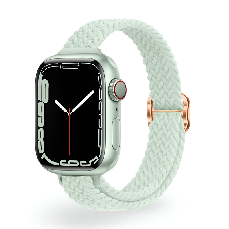 Bracelet Apple Watch en nylon tressé blanc cassé avec boucle en métal doré rose.