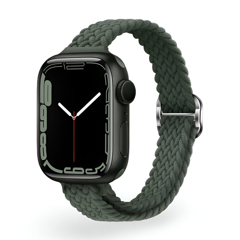 Bracelet Apple Watch en nylon torsadé vert foncé, boucle métal argenté, pour femme.