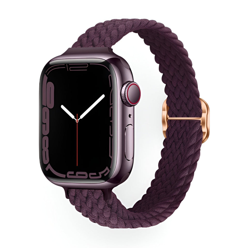 Bracelet Apple Watch Jax pour femme en nylon tressé couleur pourpre avec boucle rose doré.