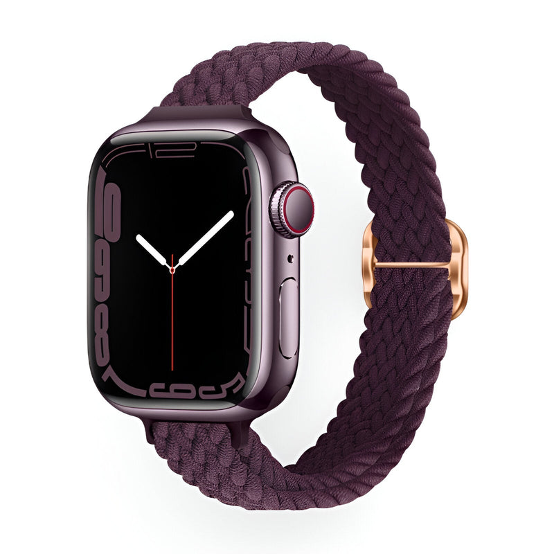 Bracelet Apple Watch Jax pour femme en nylon tressé couleur pourpre avec boucle rose doré.