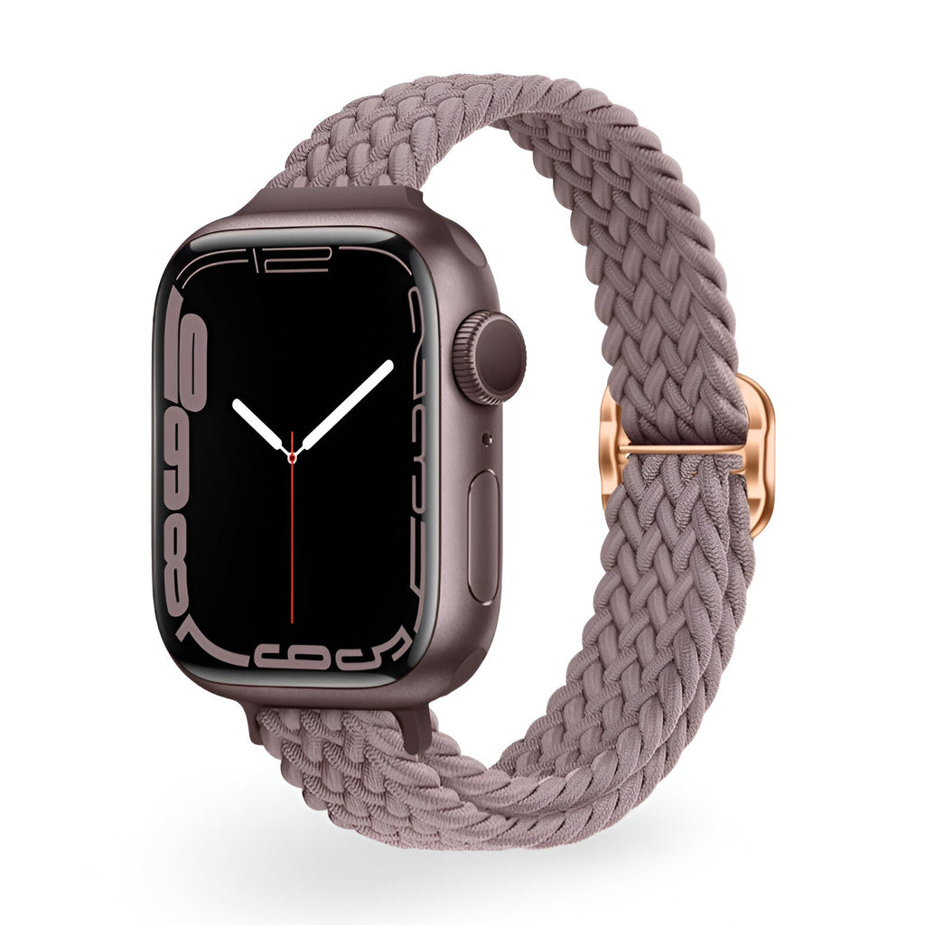 Bracelet Apple Watch en nylon tressé taupe avec boucle dorée rose pour femme.