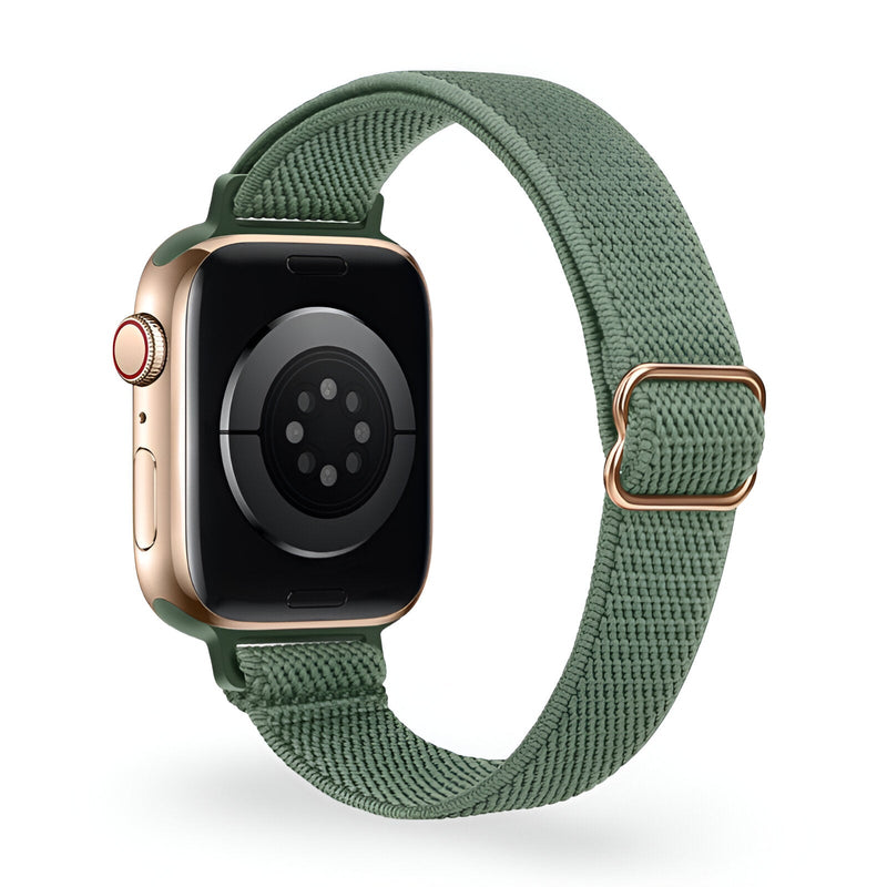 Bracelet Apple Watch en nylon tissé vert kaki avec boucle réglable en métal doré rose.
