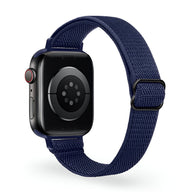 Bracelet Apple Watch en nylon tissé bleu marine pour femme, boucle réglable.