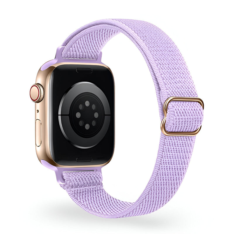 Bracelet Apple Watch en nylon tissé lavande avec boucle dorée modèle Azura pour femme.
