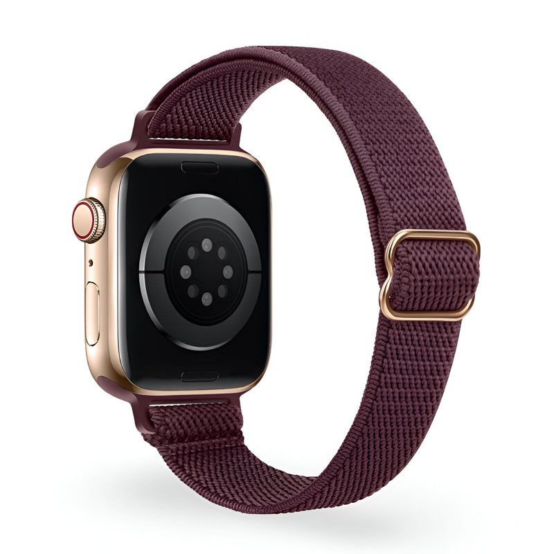 Bracelet Apple Watch en nylon tissé violet pour femme, boucle dorée ajustable.