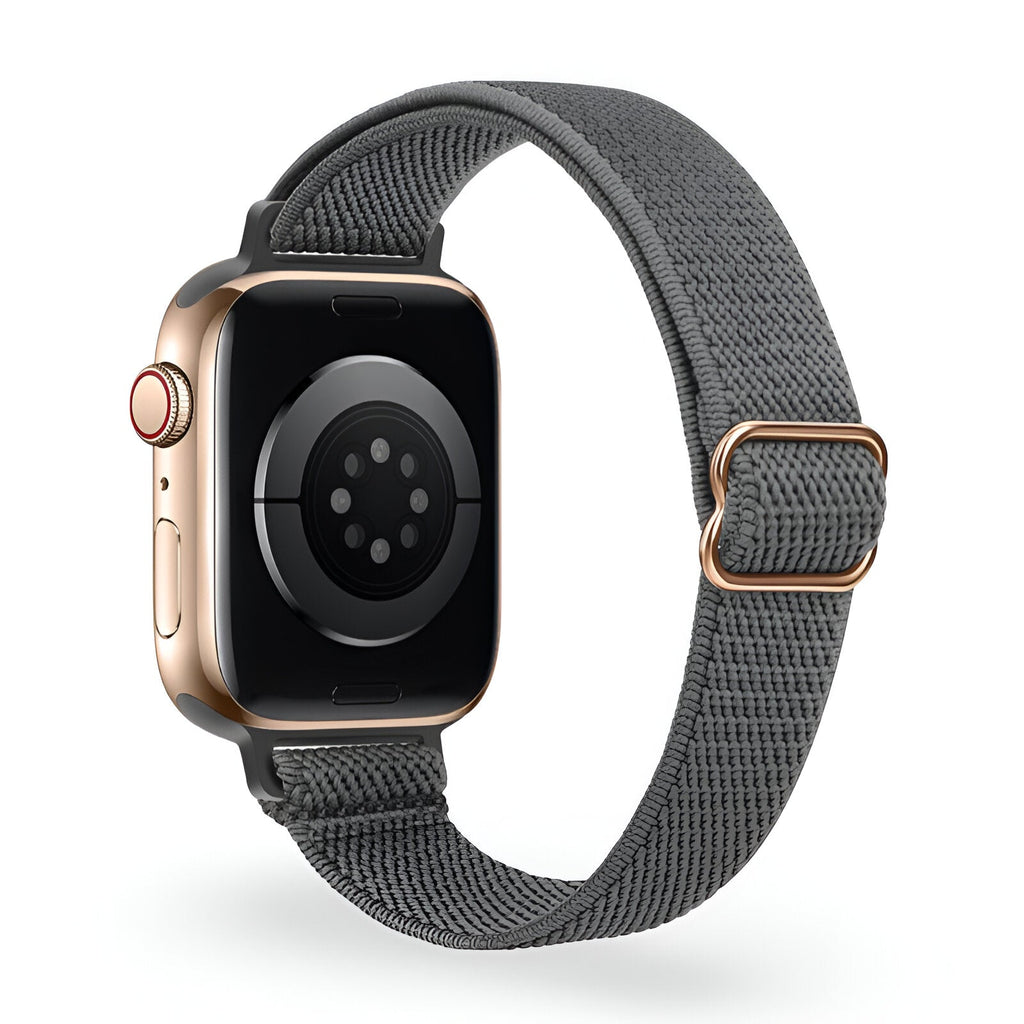 Bracelet Apple Watch en nylon tissé gris foncé avec boucle métallique rose doré.