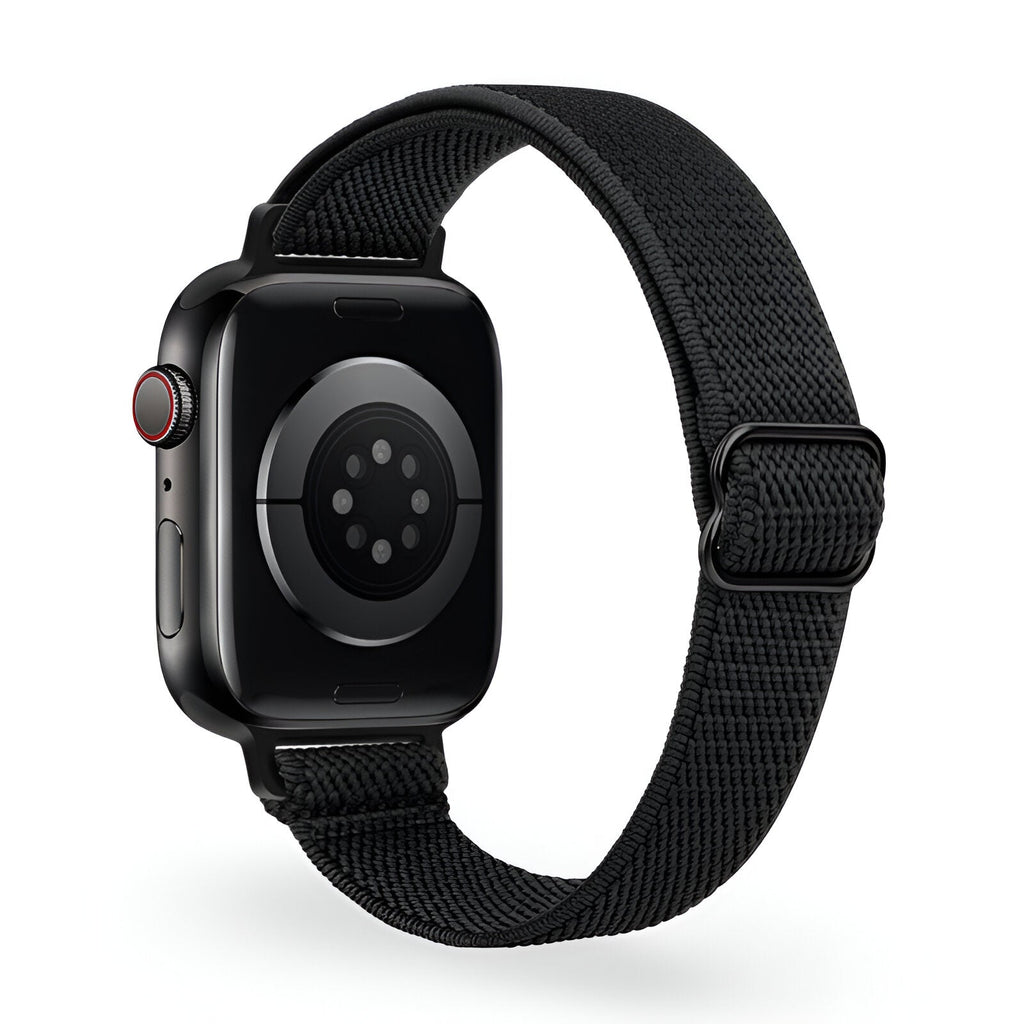 Bracelet Apple Watch femme en nylon tissé noir modèle Azura, boucle réglable.