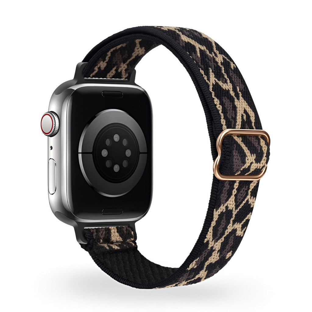 Bracelet Apple Watch en nylon tissé à motif léopard noir et beige, boucle en métal doré rose.