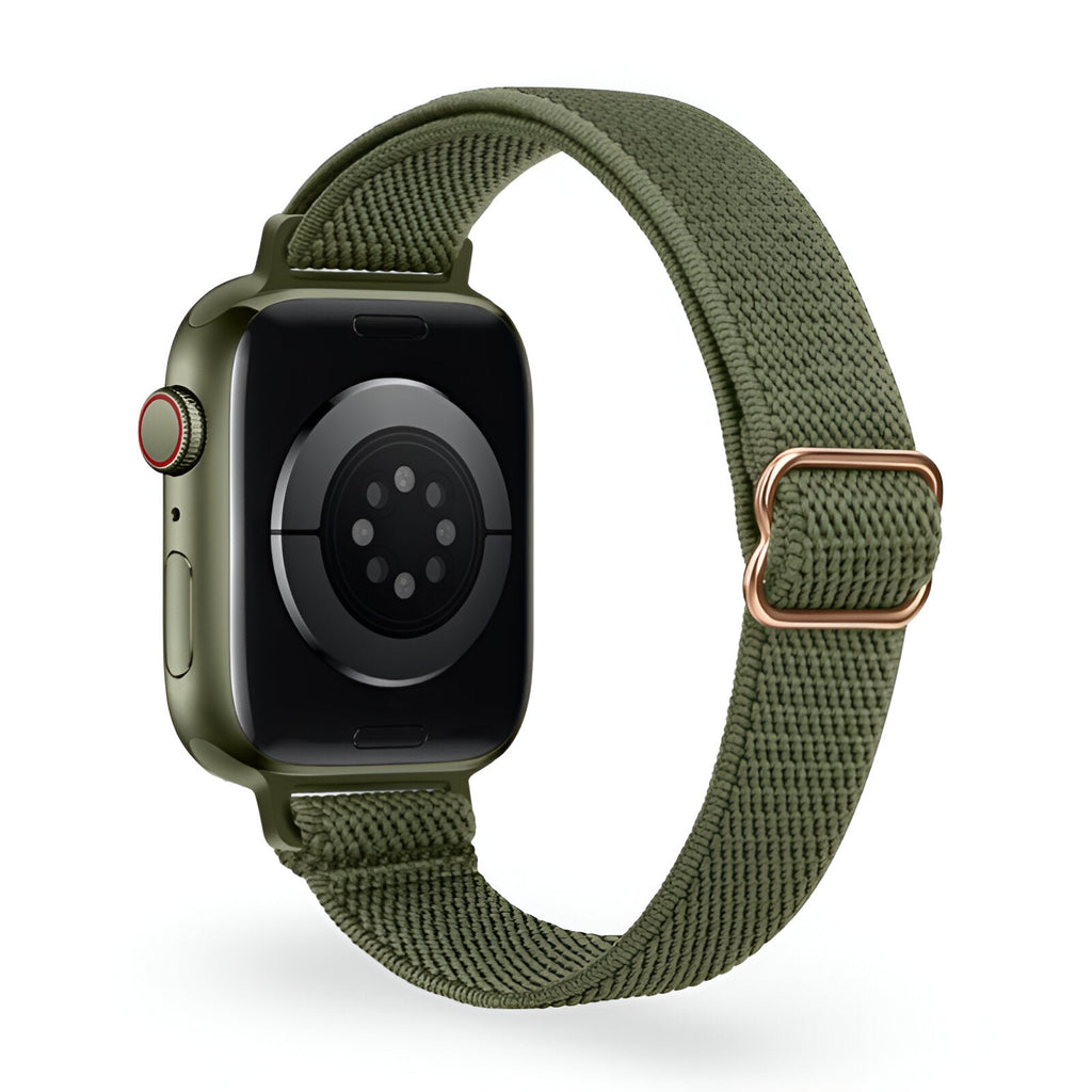 Bracelet Apple Watch en nylon tissé vert kaki avec boucle métallique ronde rose doré.
