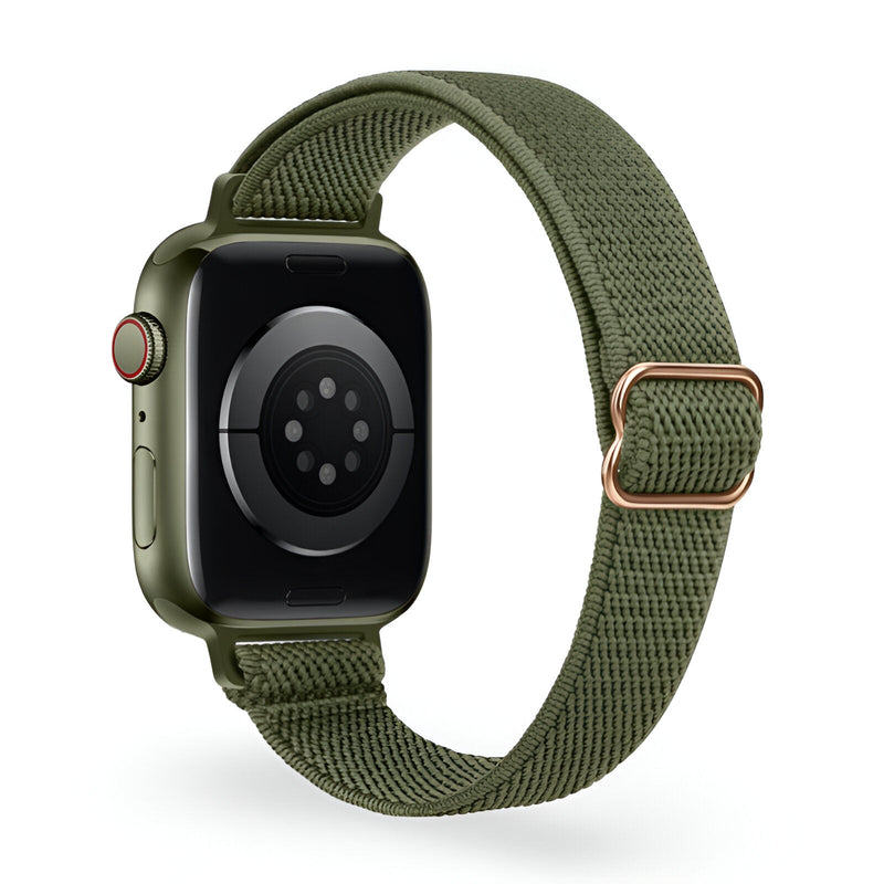 Bracelet Apple Watch en nylon tissé vert kaki avec boucle métallique ronde rose doré.
