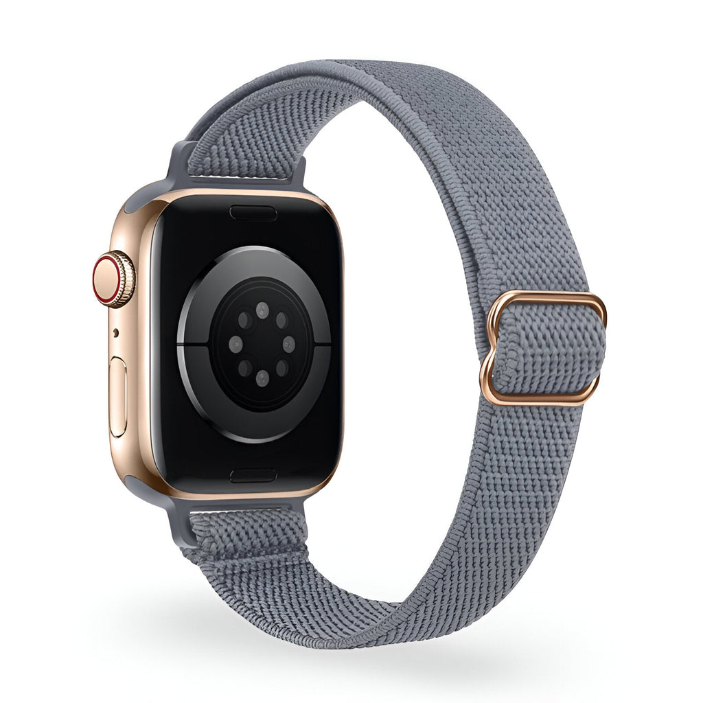 Bracelet Apple Watch en nylon tissé gris foncé pour femme, boucle réglable couleur or rose.