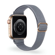 Bracelet Apple Watch en nylon tissé gris foncé pour femme, boucle réglable couleur or rose.