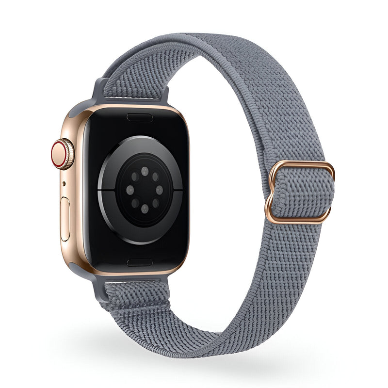 Bracelet Apple Watch en nylon tissé gris foncé pour femme, boucle réglable couleur or rose.