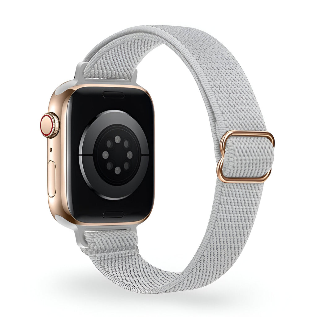 Bracelet Apple Watch en nylon tissé gris clair avec boucle métallique or rose, style Azura, pour femme.
