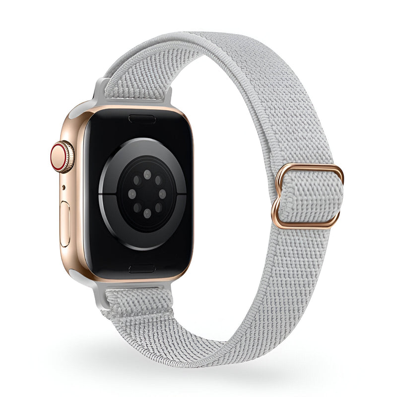 Bracelet Apple Watch en nylon tissé gris clair avec boucle métallique or rose, style Azura, pour femme.