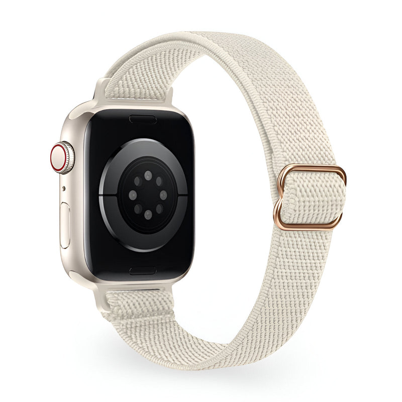 Bracelet Apple Watch en nylon tissé beige clair avec boucle métallique rose doré.