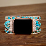 Bracelet Apple Watch en perles turquoise et pierre de l'empereur, style tressé femme bleu.