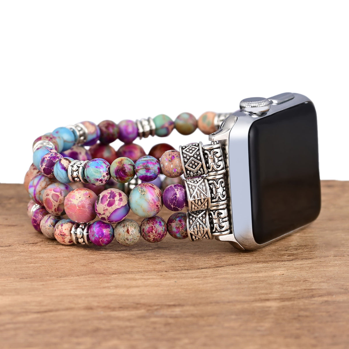 Bracelet Apple Watch femme Bria en pierres naturelles multicolores avec détails argentés, double rangée.