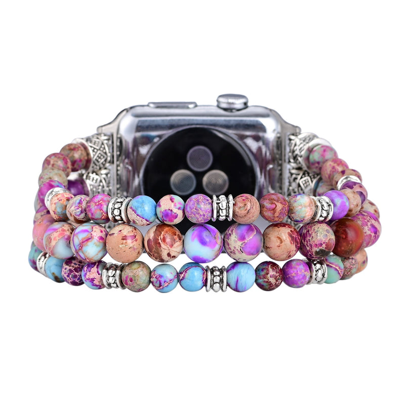 Bracelet Apple Watch pour femme en pierres naturelles multicolores avec détails argentés, style Bria.