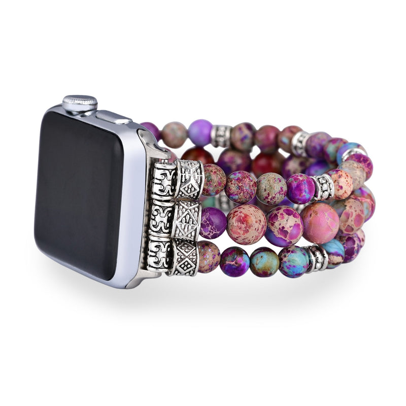 Bracelet Apple Watch multicolore en pierres naturelles rondes avec détails métalliques argentés, double rangée élégante.