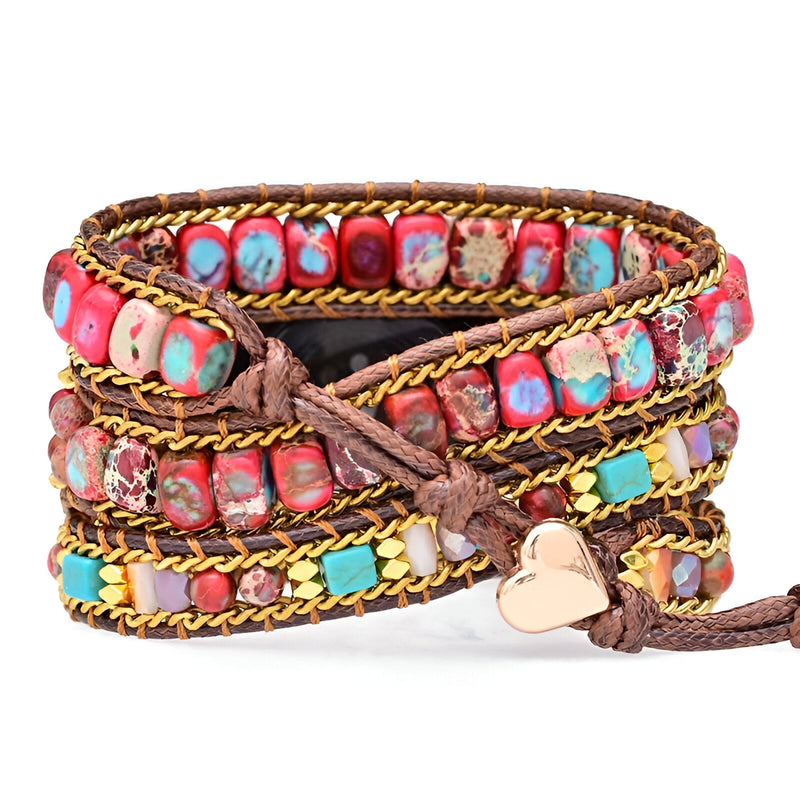 Bracelet Apple Watch femme en pierres naturelles multicolores tissé avec fermoir cœur doré.