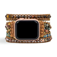 Bracelet Apple Watch femme Galan multicolore en pierres naturelles et cuir tressé beige.