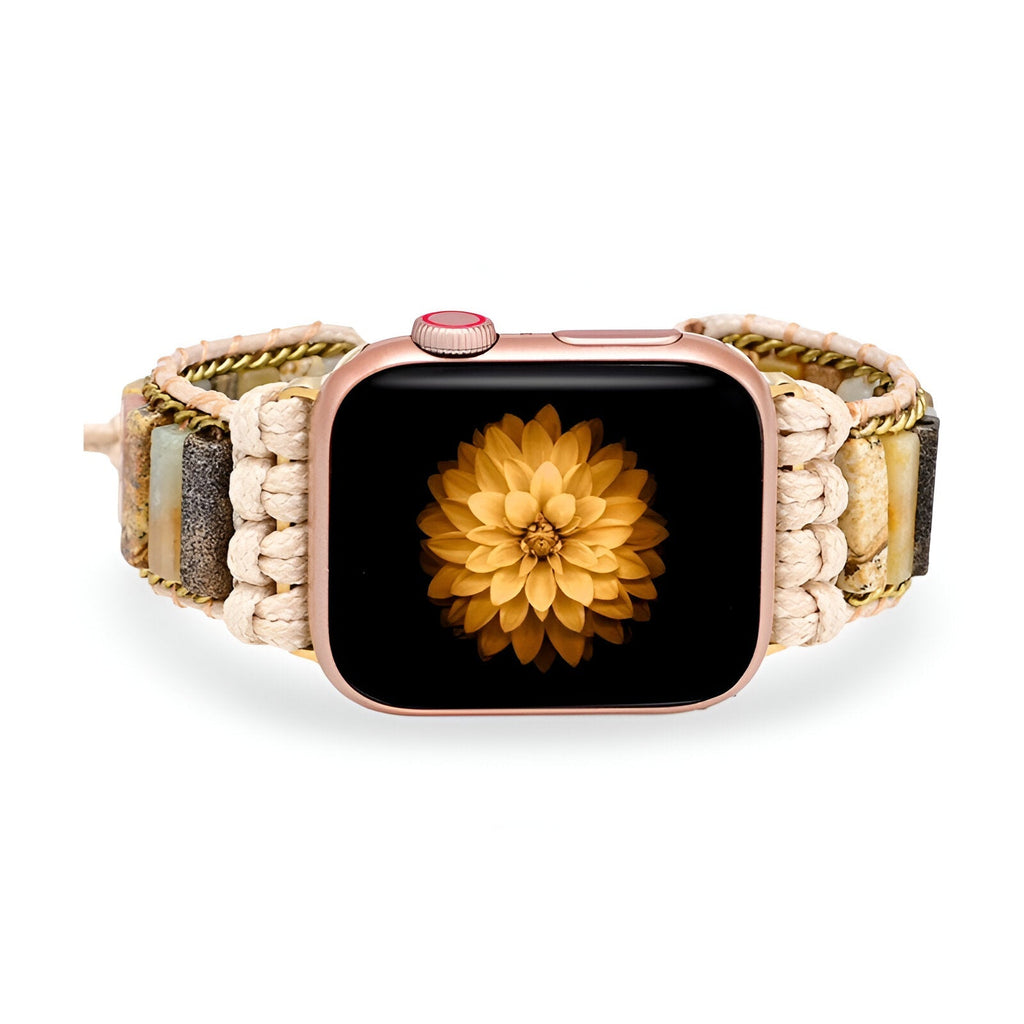 Bracelet Apple Watch femme en pierres naturelles multicolores tressées style macramé.