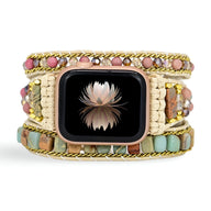 Bracelet Apple Watch femme motif pierre naturelle multicolore avec chaînes dorées taille 38-42 mm.