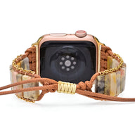 Bracelet Apple Watch femme en agate multicolore, cordon tressé marron et chaînes dorées, réglable.