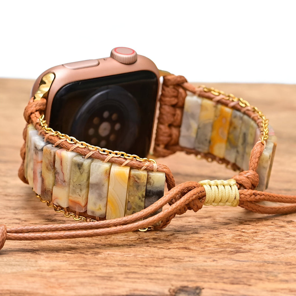 Bracelet Apple Watch femme en corde marron et pierres d'agate multicolores avec lien ajustable.